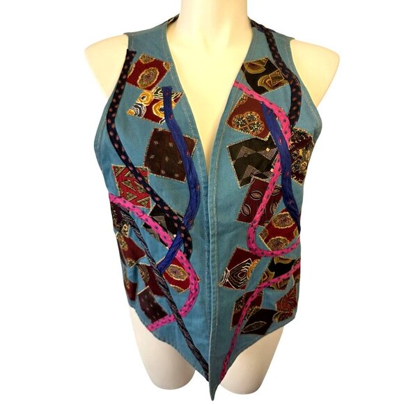 Handmade 80s Boho Reversible Vest Sz XL–2X Denim Patchwork Applique Stripe Cotto - Picture 1 of 10